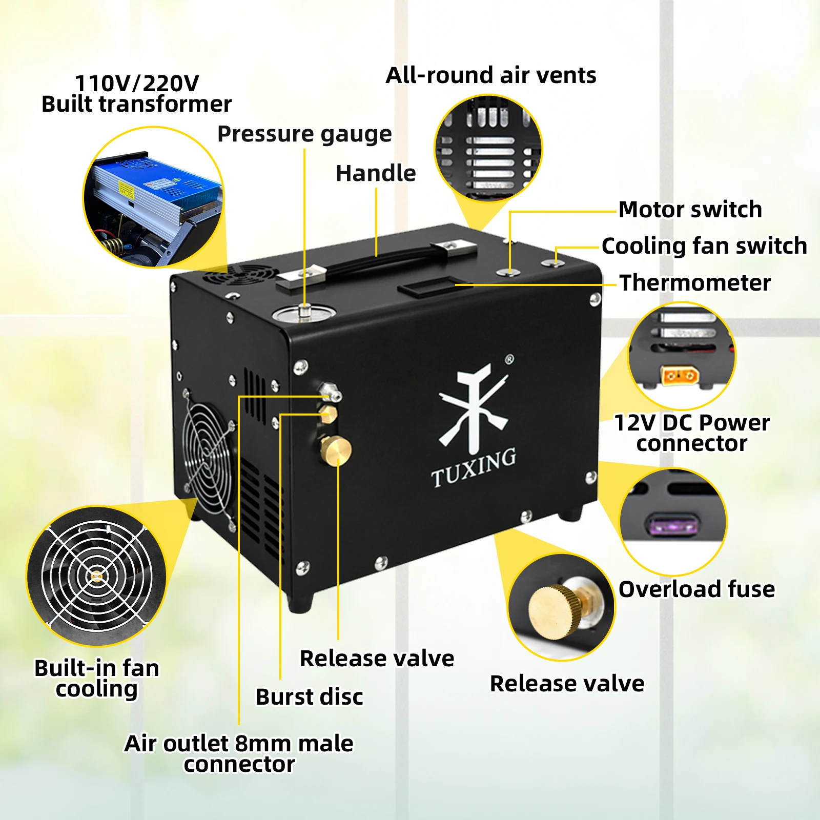 TUXING 4500Psi 300Bar PCP Air Compressor High Pressure Electric Built-in 12V Power Adapter Compressor for Diving Tank TXET062