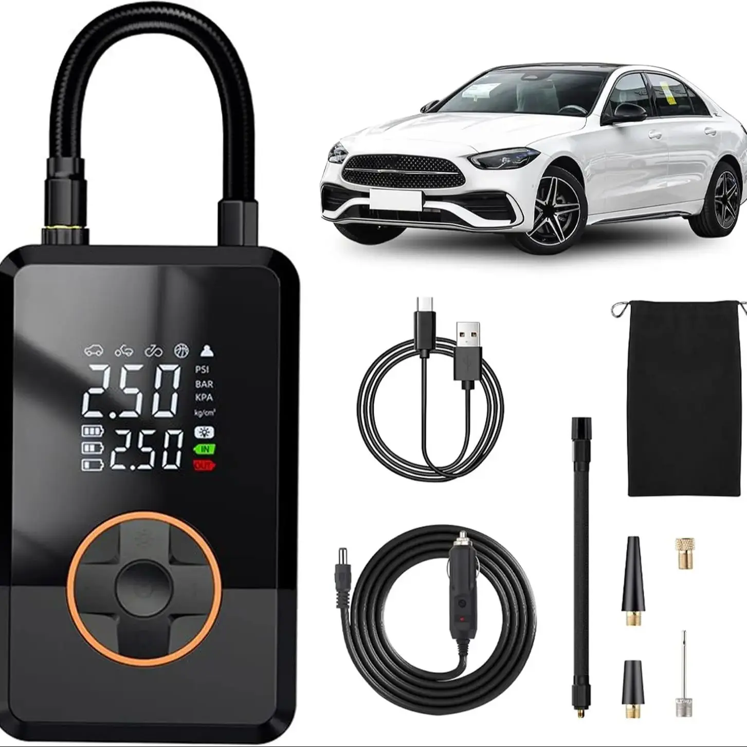 Tragbarer Luftkompressor |     Tragbarer 130-PSI-LED-Reifenfüller – intelligenter Luftkompressor |     Für Auto Fahrrad Auto LKW Straße Outdoor Ballo