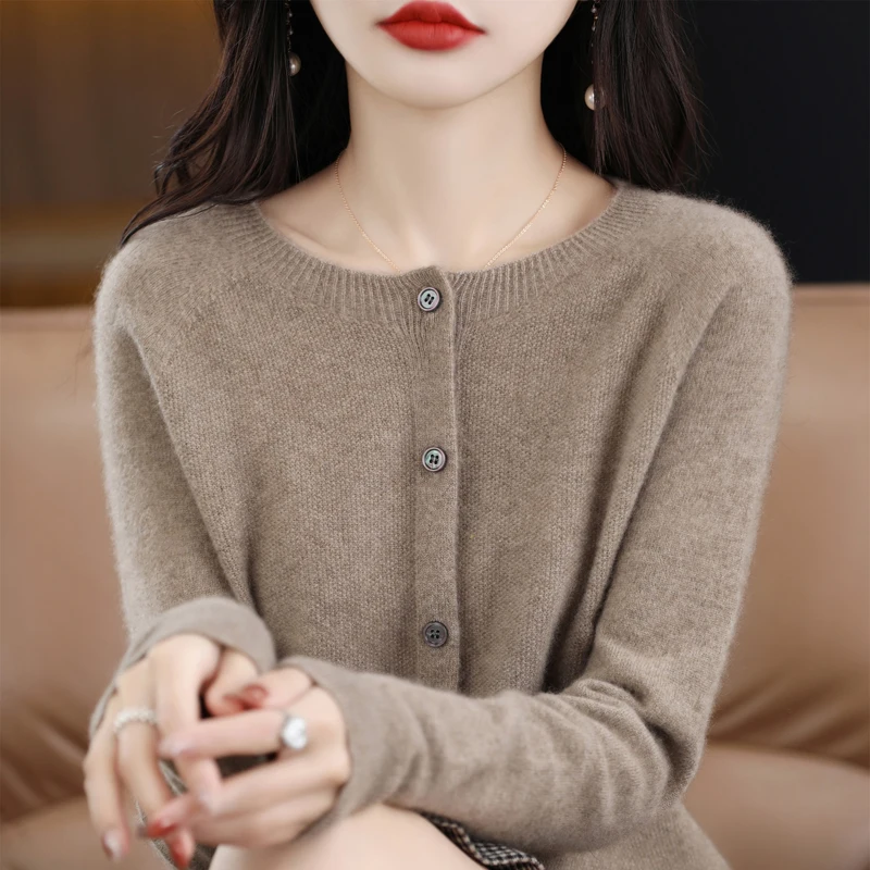 

Autumn and Winter New 100% Merino Cashmere Sweater Women's Round Neck Cardigan Loose Long Sleeve Fashion Knitwear Solid Color