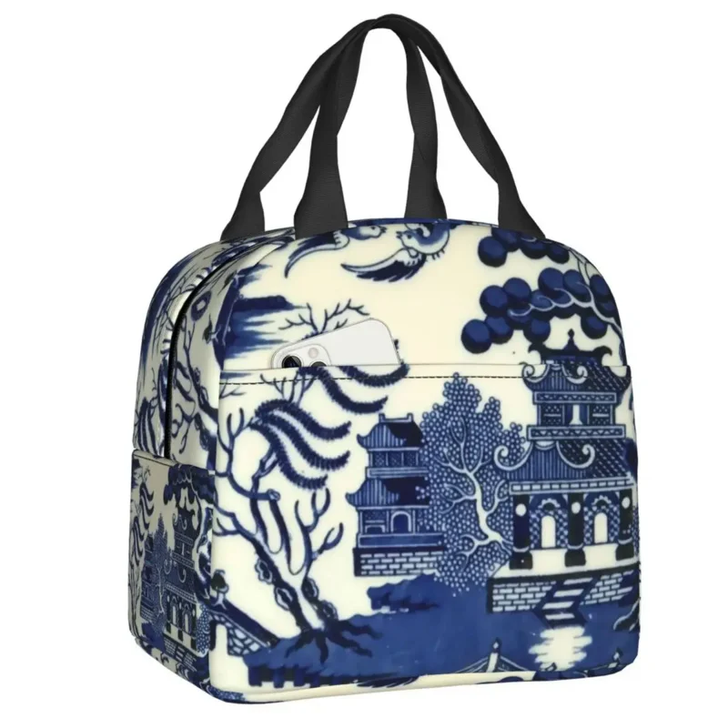 

Antique Willow Ware Toile Insulated Lunch Bag for Women Blue Delft Cooler Thermal Bento Box Beach Camping Travel