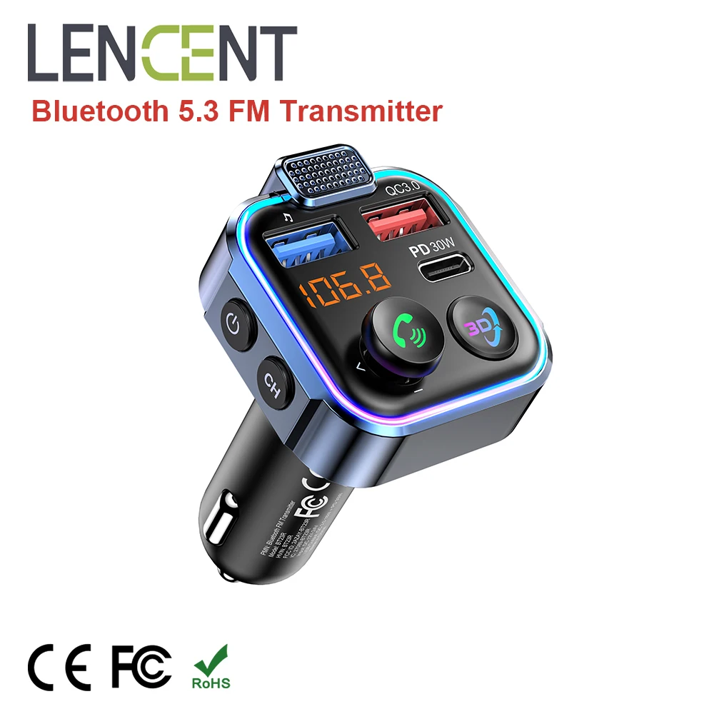 LENCENT Bluetooth 5.3 FM Transmitter with Type C PD 30W & QC3.0 USB Fast Charger Hands-free Supporting USB Memory Stick Adapter BEST SELLERS LENCENT Bluetooth 5.3 FM Transmitter with Type C PD 30W & QC3.0 USB Fast Charger Hands-free Supporting USB Memory Stick Adapter BEST SELLERS