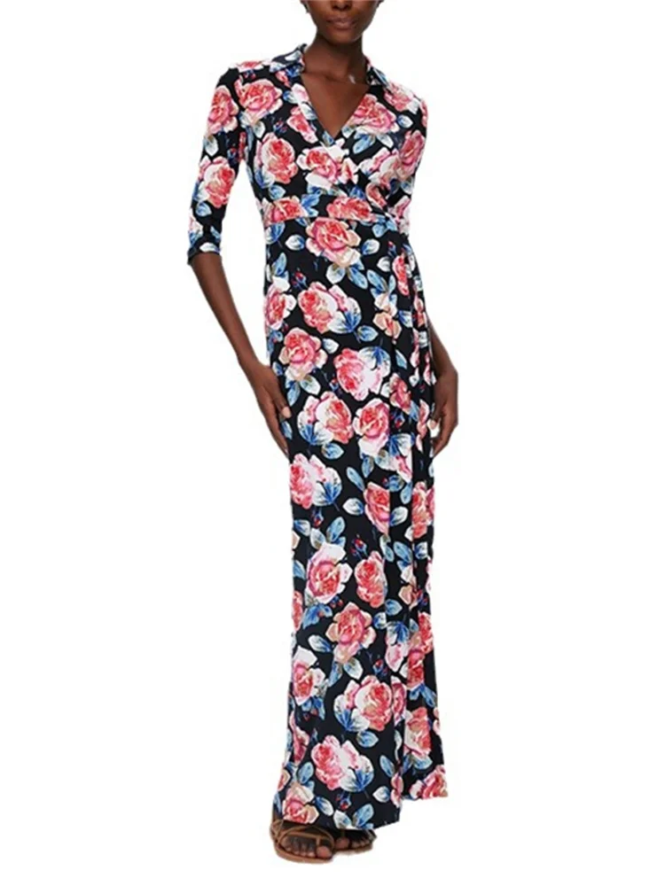 rose-print-wrap-midi-dress-for-women-2024-early-spring-half-sleeve-waist-lace-up-holiday-slit-long-dresses