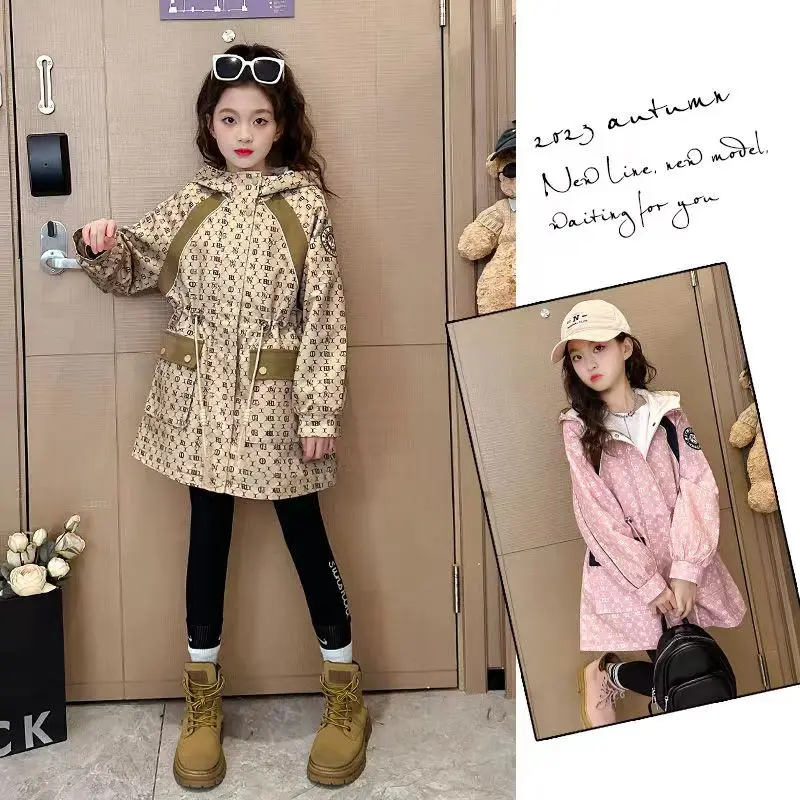 

Kids Girls Spring And Autumn Windbreaker Coat 2023 Popular High Collar Hooded Coat New Charge Coat Mid Length Coat Top