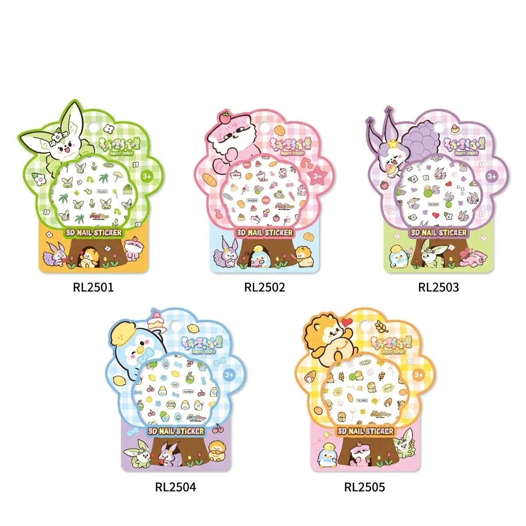 Charming 3D Cartoon Nail Sticker Set - Embossed Animal & Fruit Design