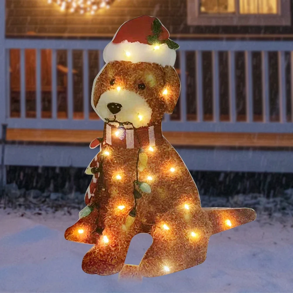 Mimic Dog Shape Sign Waterproof Light Up Puppy Figurine Wearing Xmas Hat Acrylic for Home Garden Front Pathway Walkway