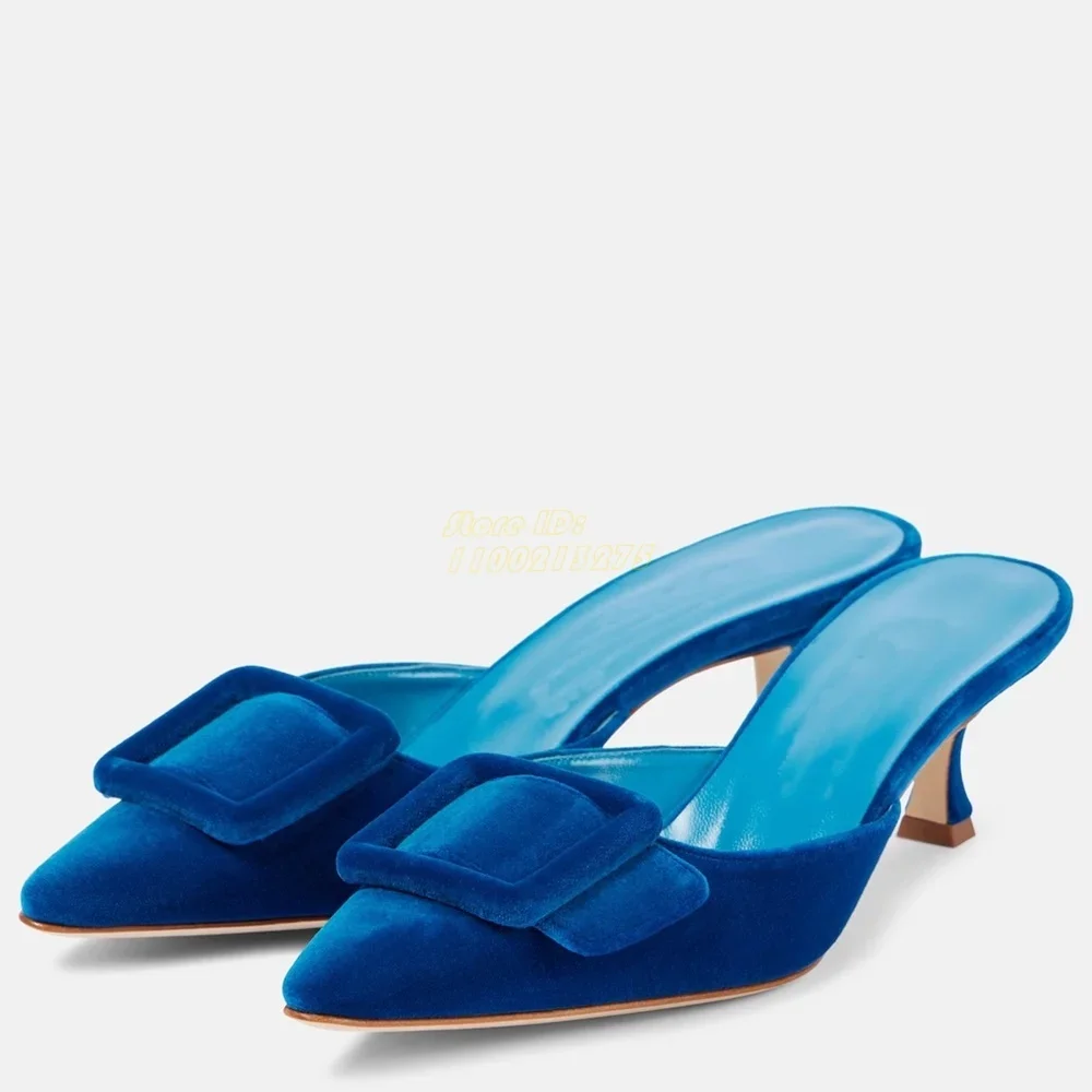 벨벳 뮬 스틸레토 얇은 하이힐 버클 장식 스틸레토 얇은 하이힐 활주로 2024 가을 봄 여성 드레스 슬라이드