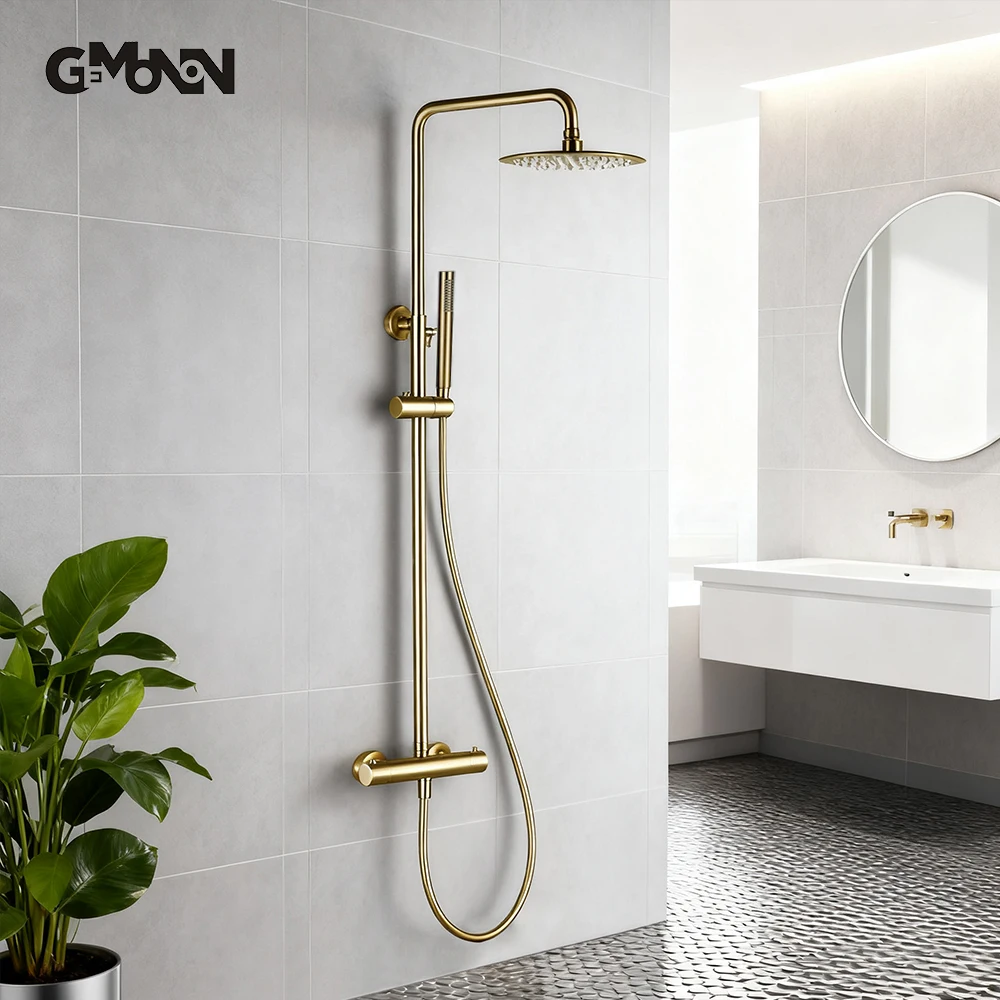 ชุดก๊อกน้ำฝักบัวแบบเทอร์โมสแตติกสีทองขัดเงา ติดผนัง ทำจากทองเหลือง พร้อมฝักบัวแบบเรนชาวเวอร์ 1