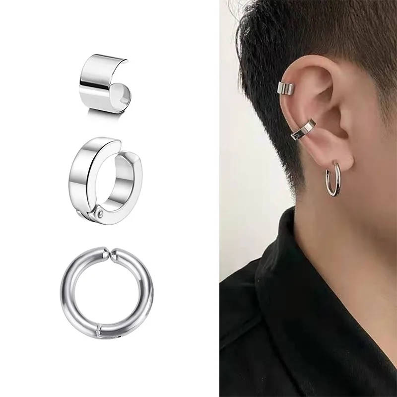 1Pc Punk Steel-color Stainless Steel Ear Clip Earrings For Men/Women Non Piercing Fake Jewelry Gift ear clip earrings