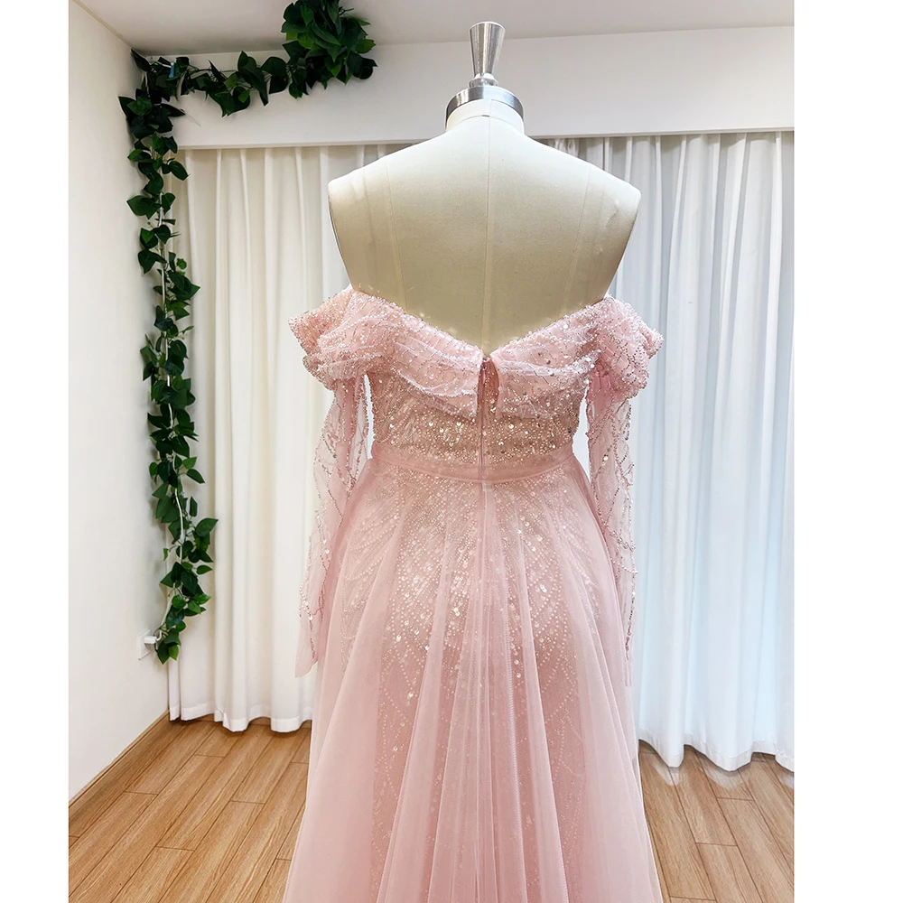 S722fe57790074699a6c7986c5e5baedeD Elegant Sky Blue Mermaid Pearls Evening Dress for Women Long Sleeves with Detachable Train Formal Prom Wedding Party Gowns Mallzona
