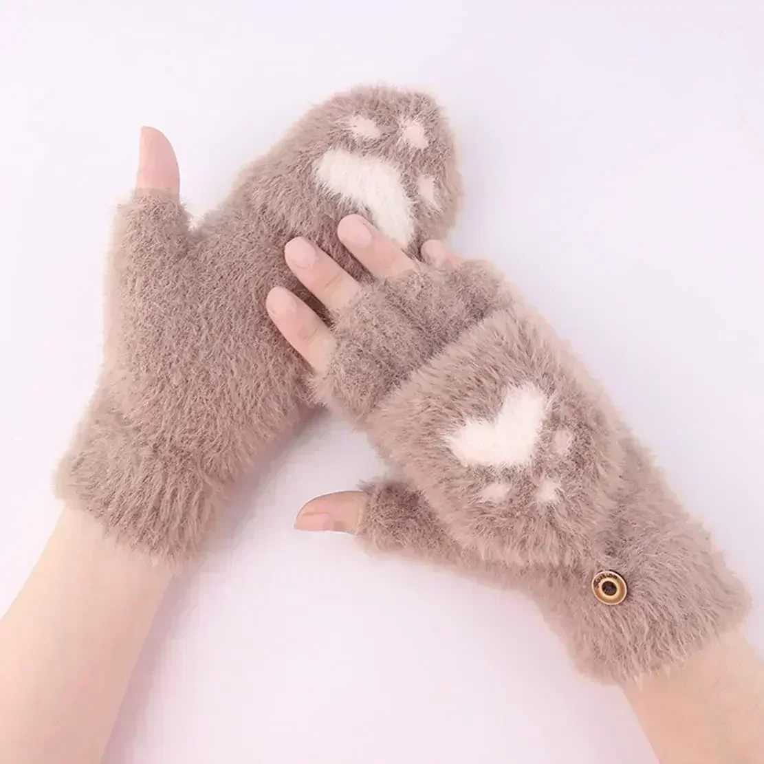 Cartoon Cat Paw Gloves Fingerless Flip Mittens Winter Warm Fleece Touch Screen Gloves Flip Knit Mittens For Women Girls paw patrol gloves cat gloves winter gloves