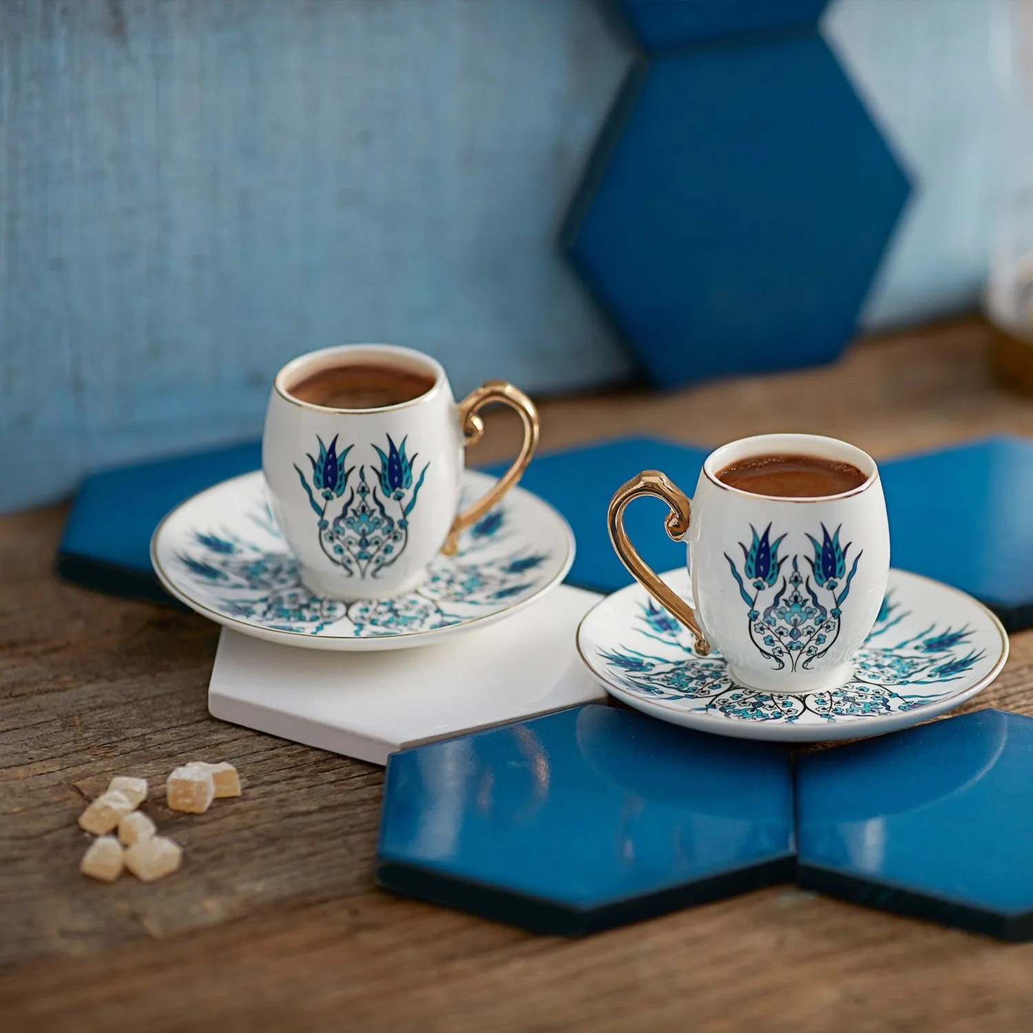 

Karaca Nicene 2 Personality Coffee Cup Pad Ethnic Motifs Blue White Matching Aesthetic Elegant Look Slim Long Design Different Style