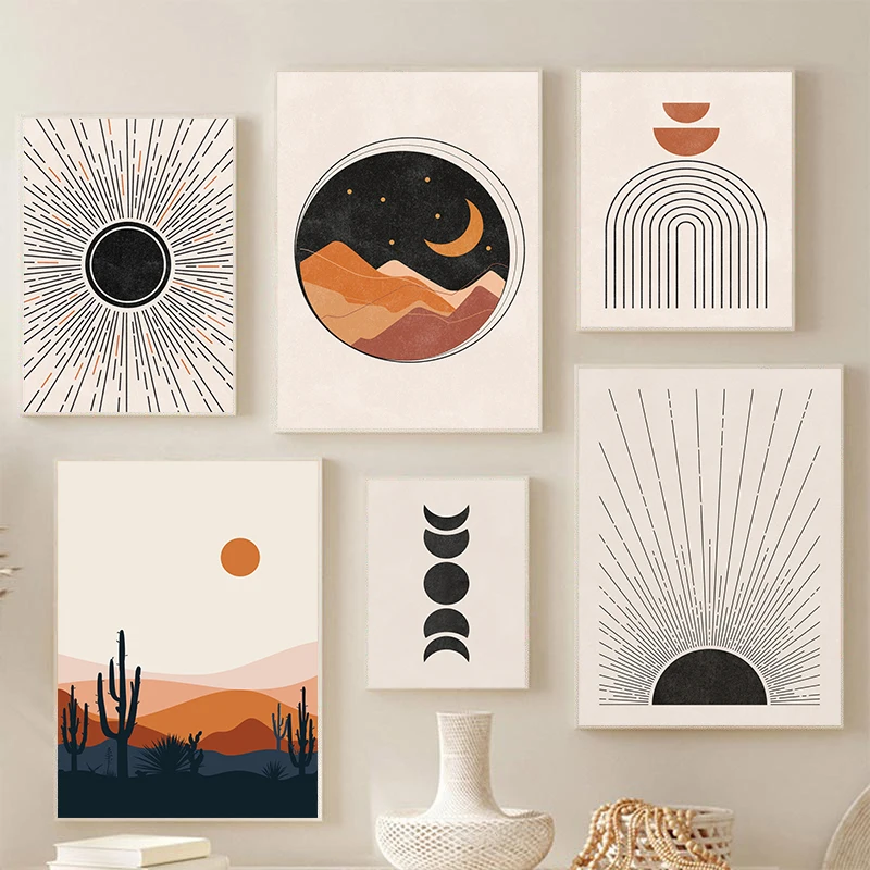 

Abstract Boho Painting Sun Face Moon Plant Orange Art Wall Canvas Posters and Prints Nordic Wall Pictures for Room Home Decor