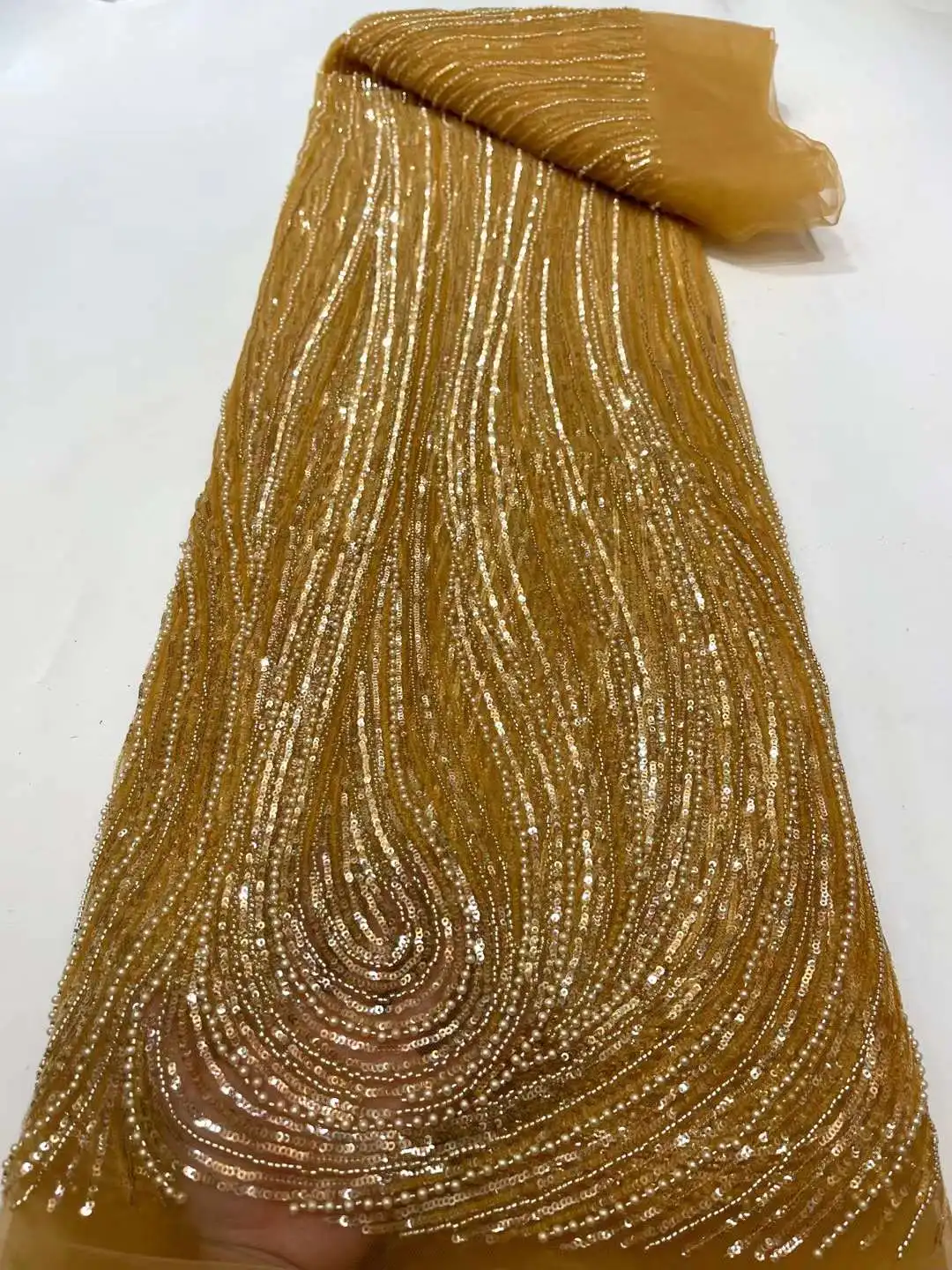 

Good Looking High Quality French Lace Fabric 21H-42503 Embroidered African Net Mesh with Sequins and Beads For Lady Party Dress