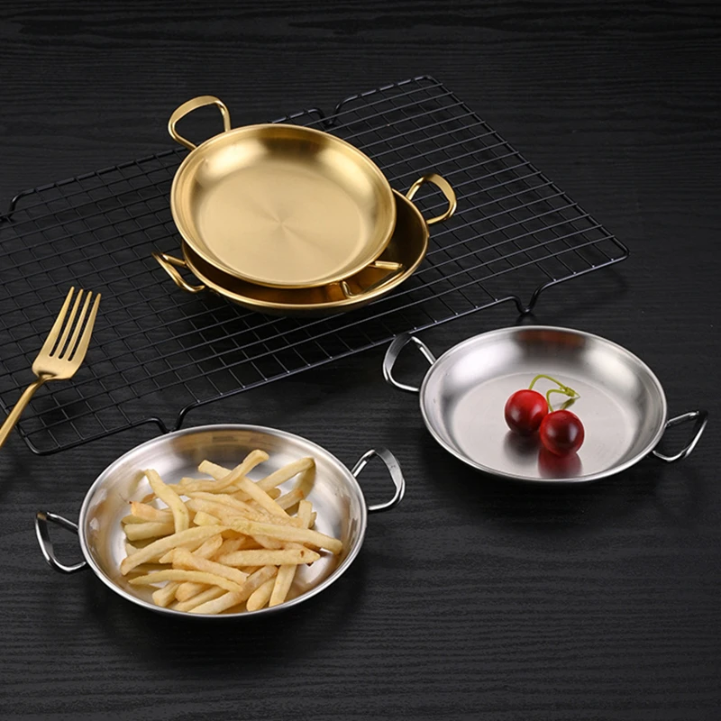 Stainless Steel Round Plate with Handle Korean Sauce Seasoning Dish Snack Serving Tray Flat Bottom Plates Kitchen Tableware 5