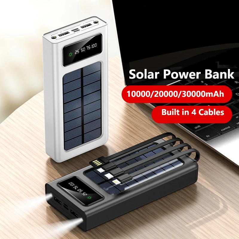 

30000mAh Solar Power Bank Built in Cable Portable Charger Digital Display Powerbank for iPhone 14 X Samsung S22 Xiaomi Poverbank