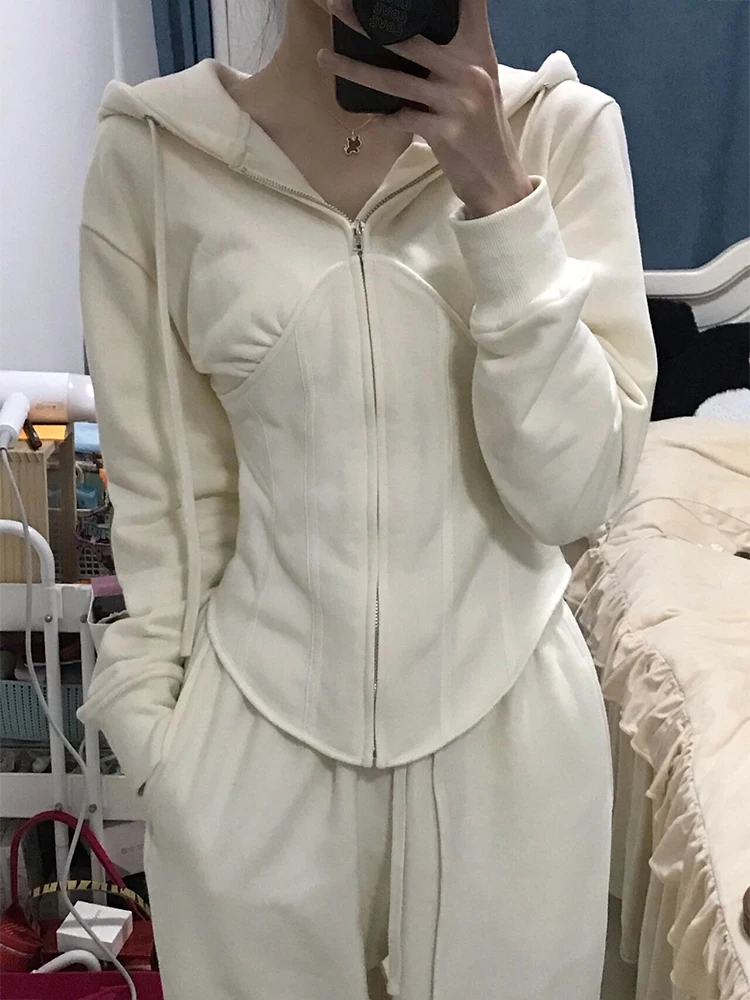 

Women Casual Sport 2 piece Outfits Zip Up Crop Fitted Hoodie With Curve Hem & Elastic Waist Wide Leg Trousers Autumn Pants Set