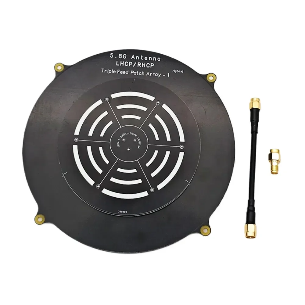 Antenne Patch FPV 5.8GHz 14dbi inclinée pour voir l'épaisseur et les connecteurs.