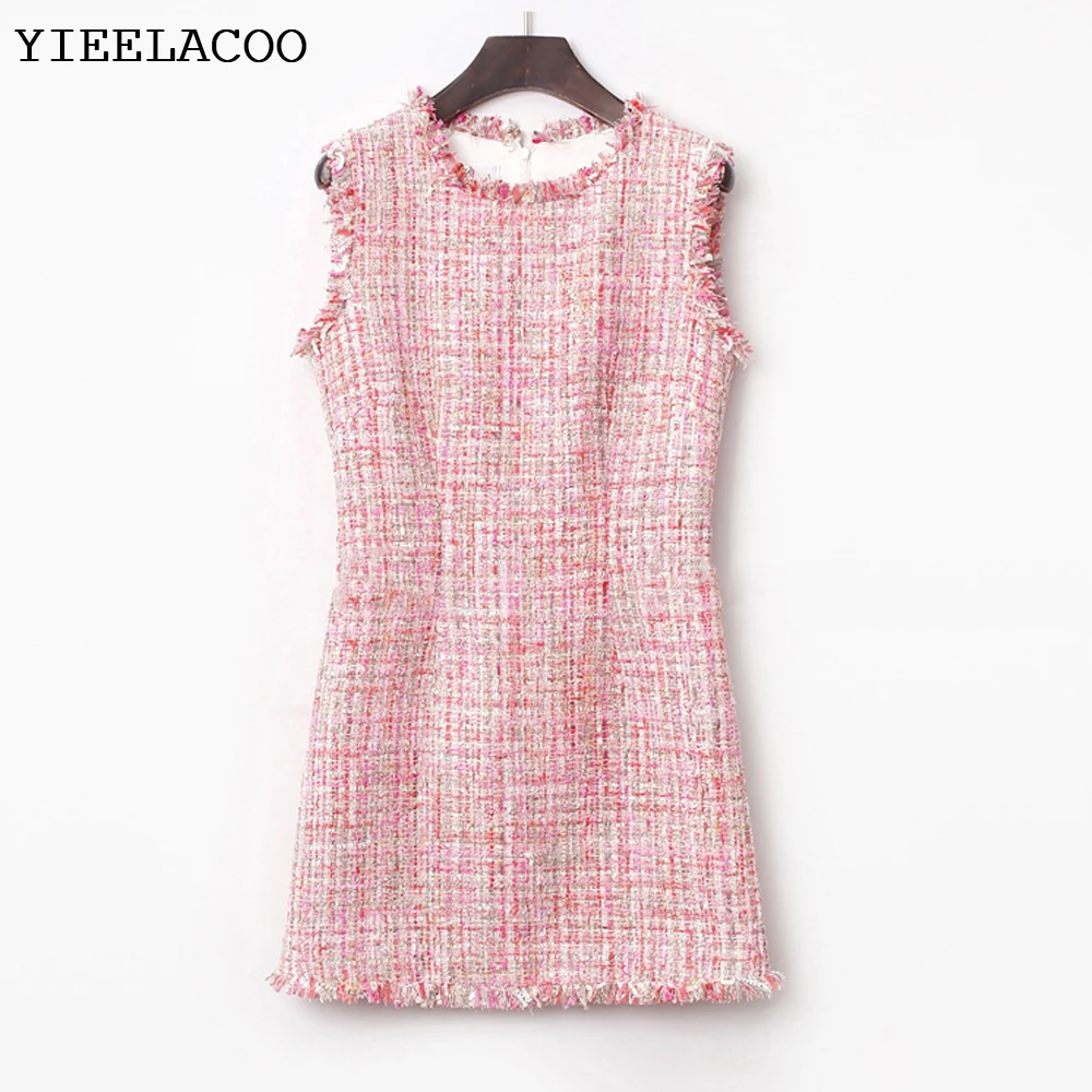 

Pink Sequins Round Neck Sleeveless Small Fragrance Dress Spring/Autumn Women's one-piece classic Ladies Mini Dress