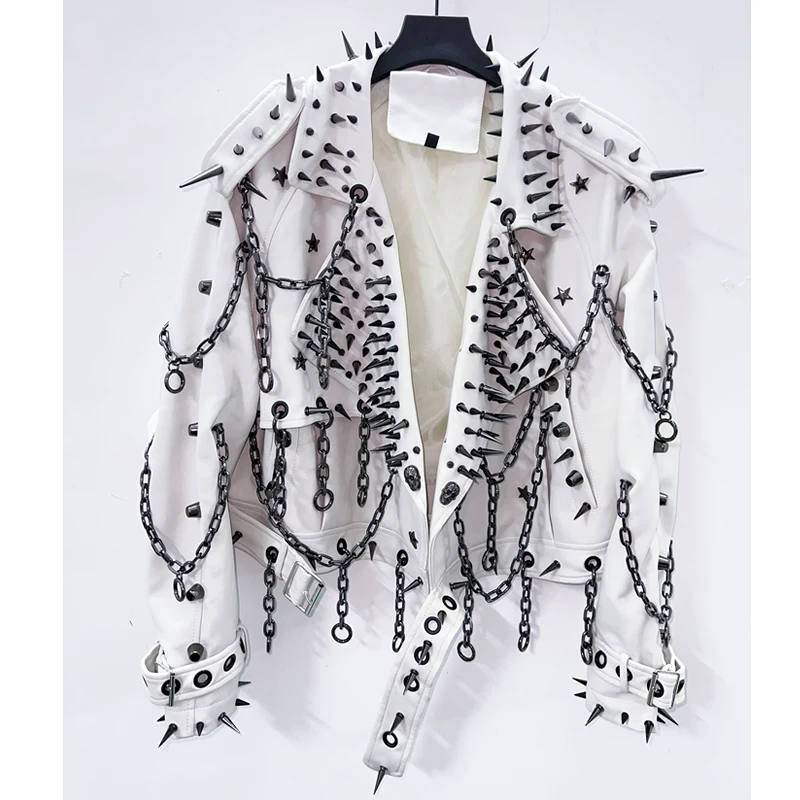 Spikey Chain White Faux Leather Jacket 1