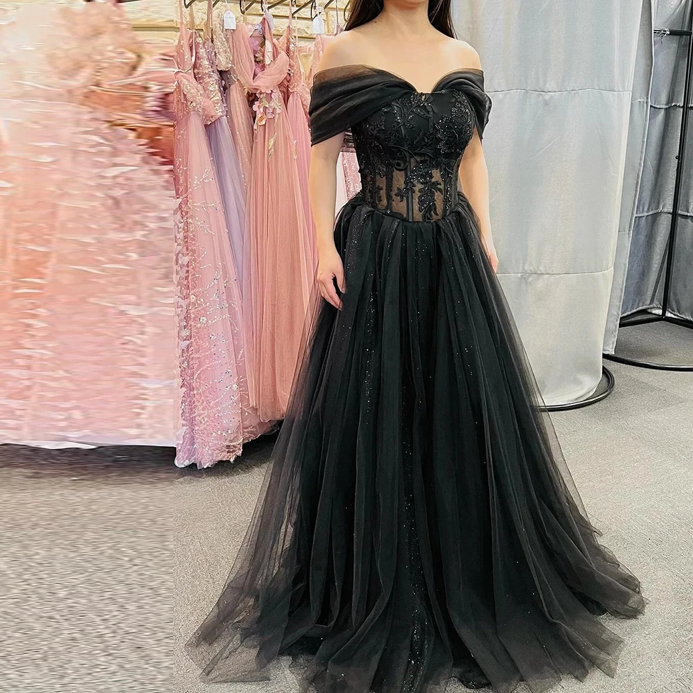 

Black Tulle Evening Dress Off Shoulder Sleeveless Sweetheart Neck Appliques Party Prom Gowns Simple A-Line Formal Occassion Wear