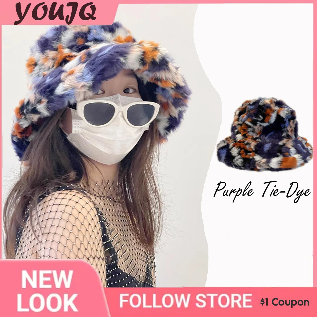 

Y2K Purple Splicing Faux Fur Bucket Hat Autumn Winter INS Street Hip Pop Imitation Fur Fisherman Hat Women Warm Fluffy Sun Caps
