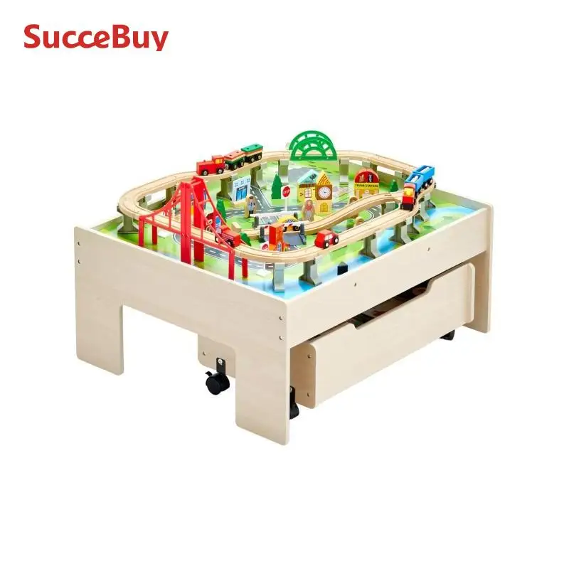 Wooden Multicolor Kids Train Table with Rolling Drawer