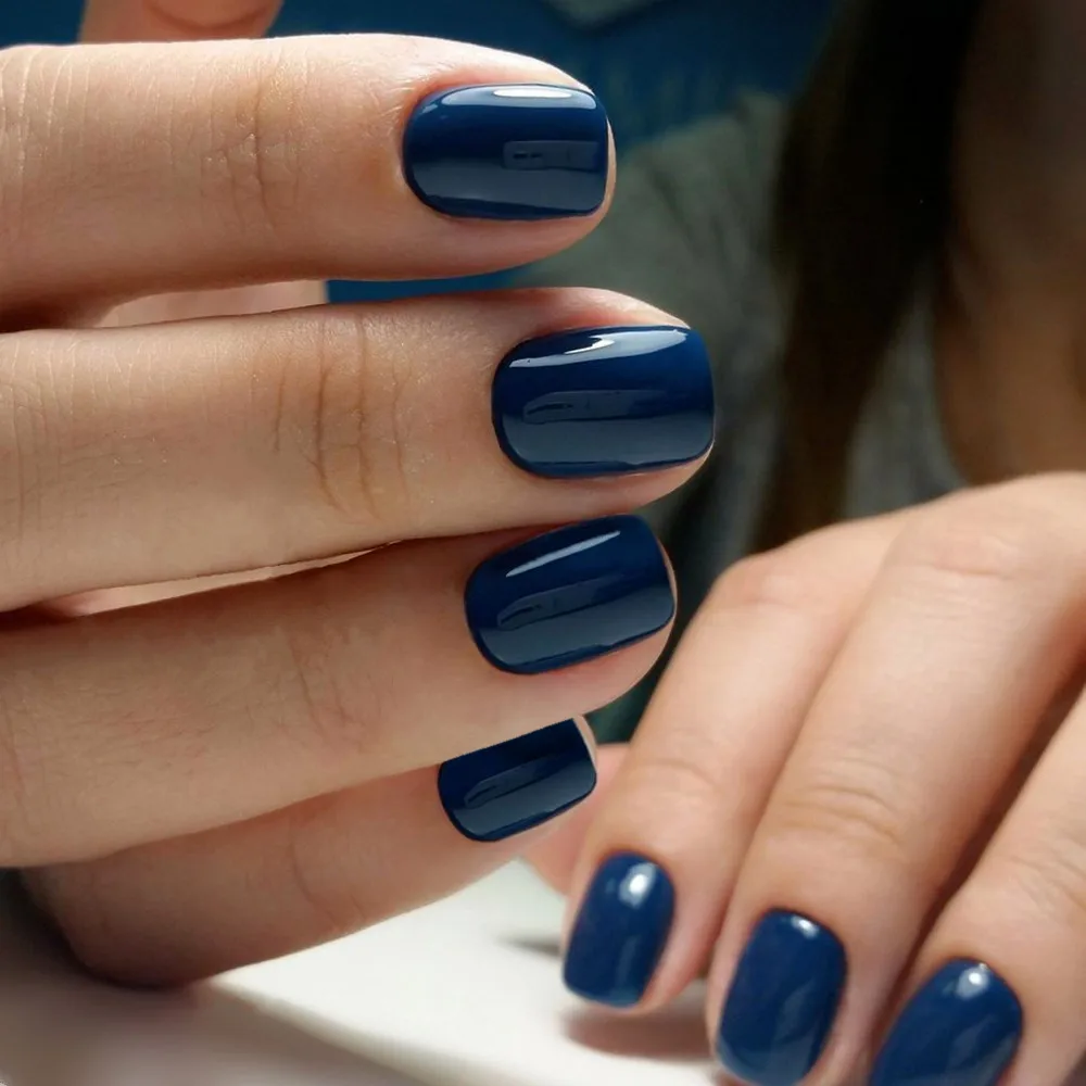 24 Pcs Navy Blue Acrylic Press On Nails With Glue Sticker Short Square Fake Nail For Design DIY Full Cover Finger Manicure Tool