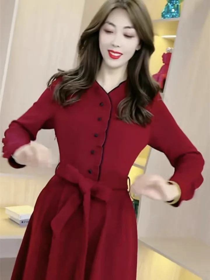 New Year Red Party Dress Postpartum Women Breastfeeding Dress Ruffles  Collar Long Sleeve Button Fly Long Maternity Nursing Dress - AliExpress