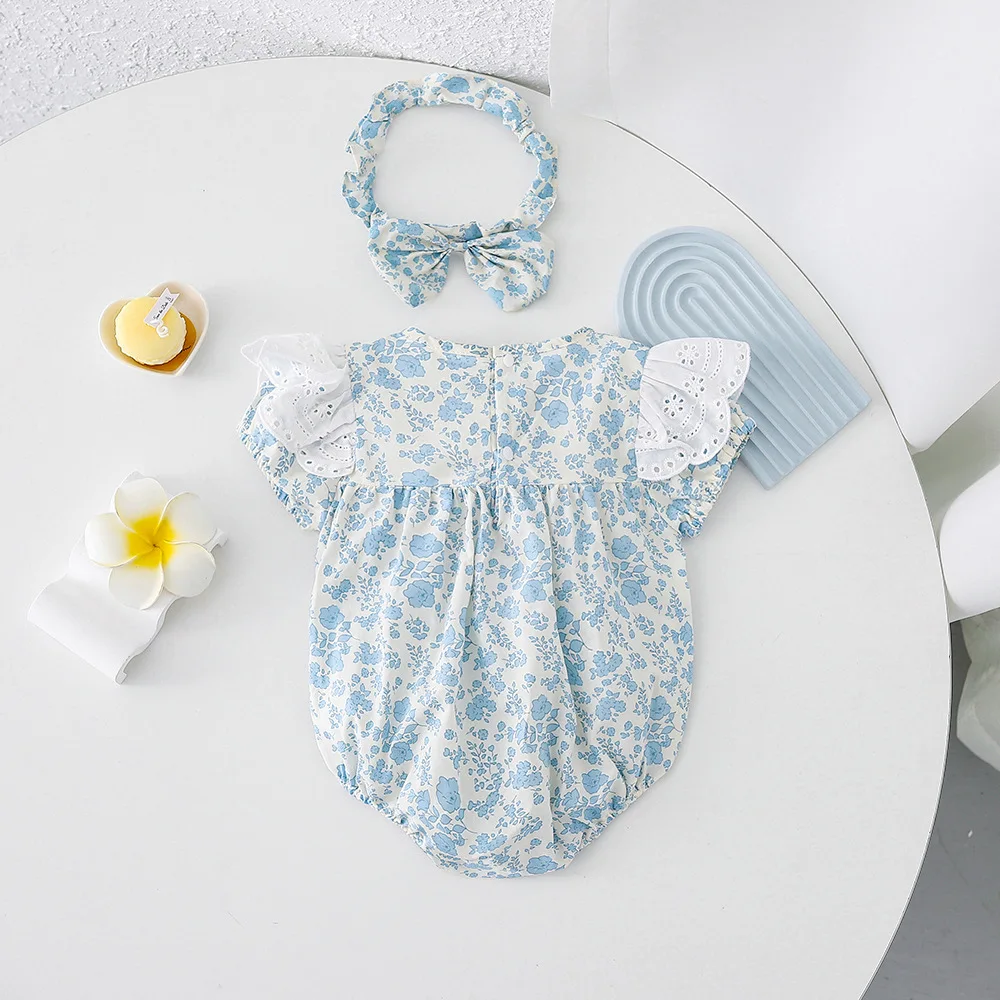 2024 Summer Baby Girl Sister Look Muslin Lace Collar Loose Short Sleeve Infant Girl Romper Floral Full Print Toddler Girl Dress