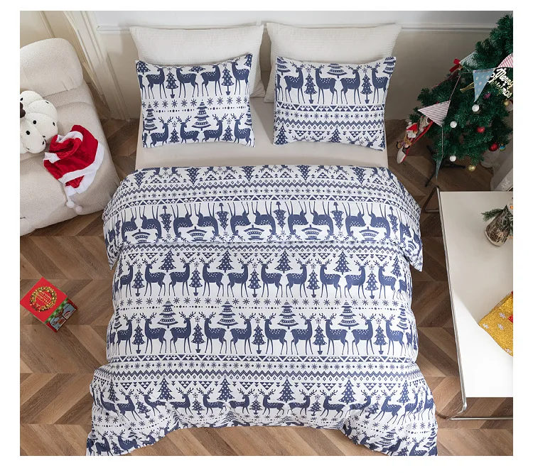thumbnail image 1 of Juego de funda nórdica de fibra de poliéster para Navidad, juego de cama con copos de nieve de alce navideño rojo y azul, funda de edredón de microfibra suave y cómoda, 1 of 5