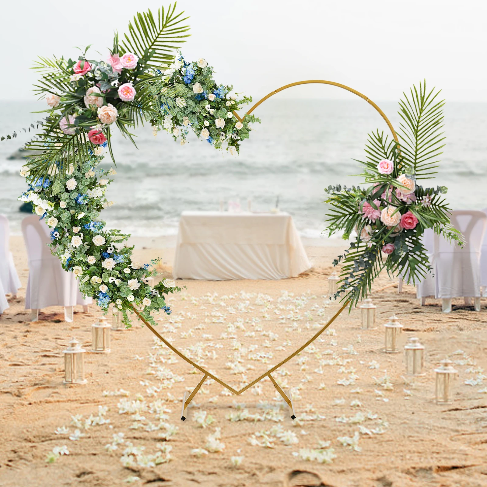 2.1x2m Gold/White Waterproof Metal Heart Arch Kit Free Standing Wedding Love Column Arch Frame for Wedding Bridal Decor
