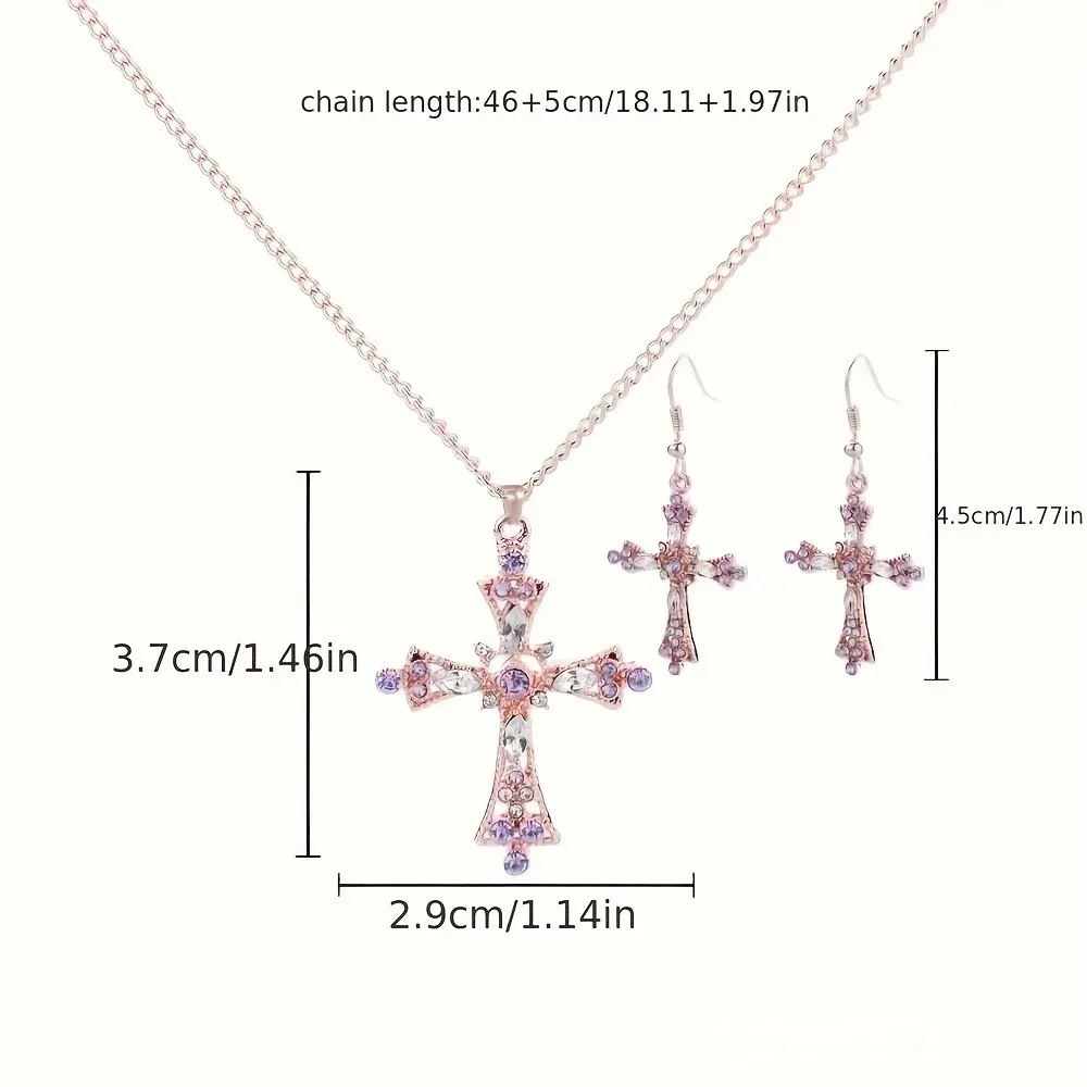 1 pair of earrings+1 pendant necklace set, wedding and engagement friend gift, sparkling cross design rhinestone jewelry set - 4