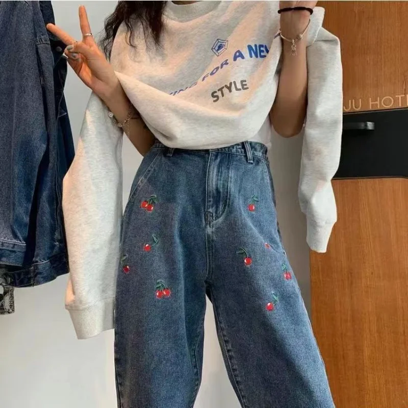 

Sweet Cherry Embroidery Jeans Women Wide Leg Denim Trousers Baggy All-match High Waist Chic Loose Streetwear Korean Pants 2023