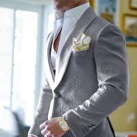 Jacquard Gray Men’s Suit 2 Piece Set Patterned Jacket Pants Wedding Groom Tuxedo Fashion Design Blazer Slim Fit Outfit