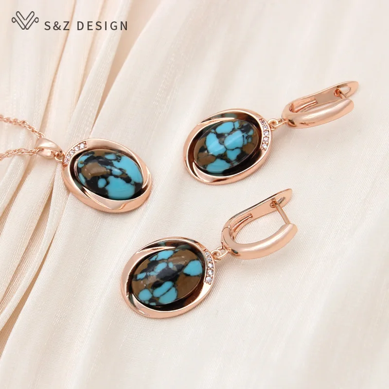 S&Z DESIGN New 585 Rose Gold Color Egg Shape Synthetic Turquoises Drop Earrings Jewelry Sets For Women Wedding Pendant Necklace