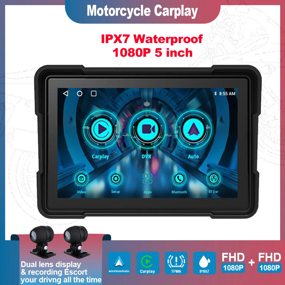 Android Auto Wireless Apple Carplay 5 Pollici Dash Cam Wifi Navigazione Gps Moto Display Impermeabile Moto Tpms