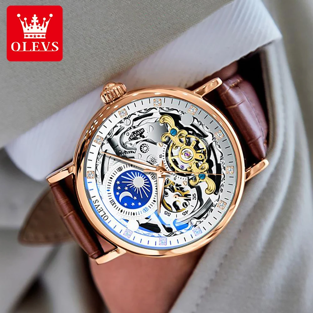 OLEVS Moon Phase Mechanical Watch Men with Dual Time Zone Display Waterproof Automatic Skeleton Mens Watches Top Brand Luxury images - 6