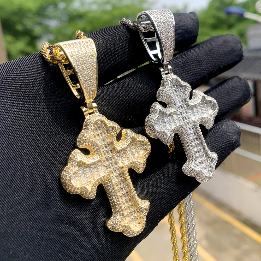 2024 High Quality Iced Out Cross Necklace For Women Men Prong Setting Bling Micro Pave Pendant Gold Color Charm Hip Hop Jewelry