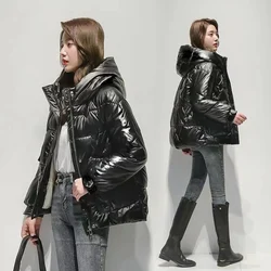 2023 New Glossy Down Cotton Jacket Women Winter Loose Hooded Thicken Warm Outwear Casual Female Parkas Overcoat