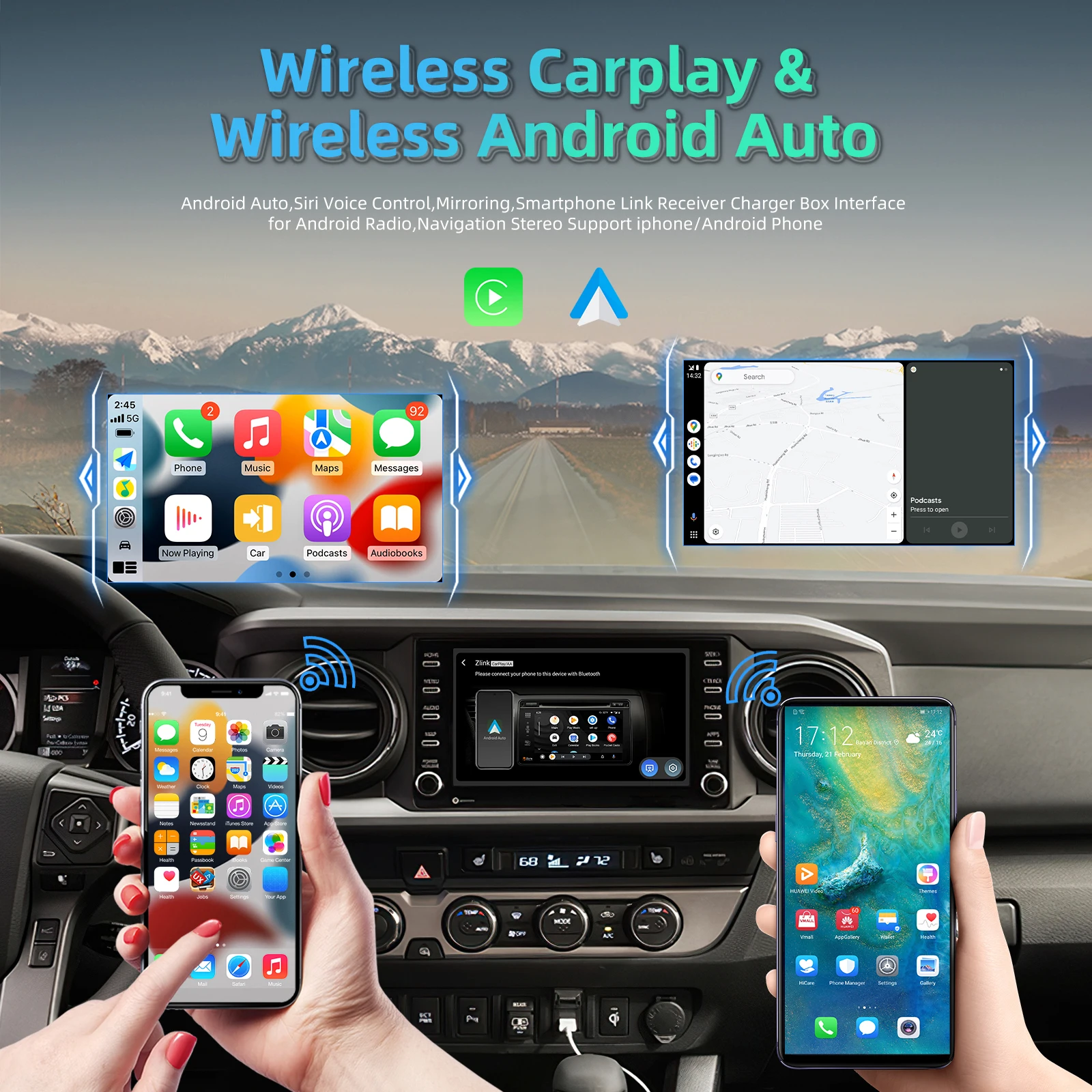 Podofo Wireless Carplay Ai Box Android Auto Adapter Carplay Mini Box Android13 4+64G For Car with OEM CarPlay For Toyota Hyundai