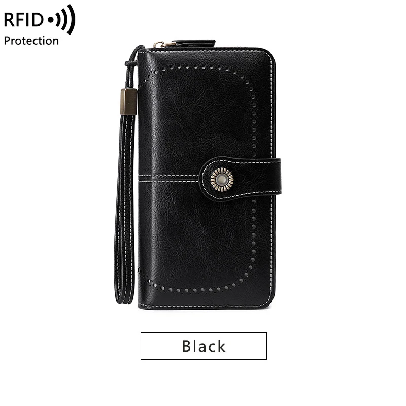 Luxury Texture RFID Blocking Women's Wallet - Retro Hollow Design with Wrist Strap & Large Capacity