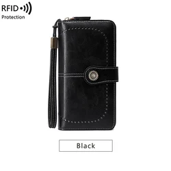Luxury Texture RFID Blocking Women's Wallet - Retro Hollow Design with Wrist Strap & Large Capacity (Black)