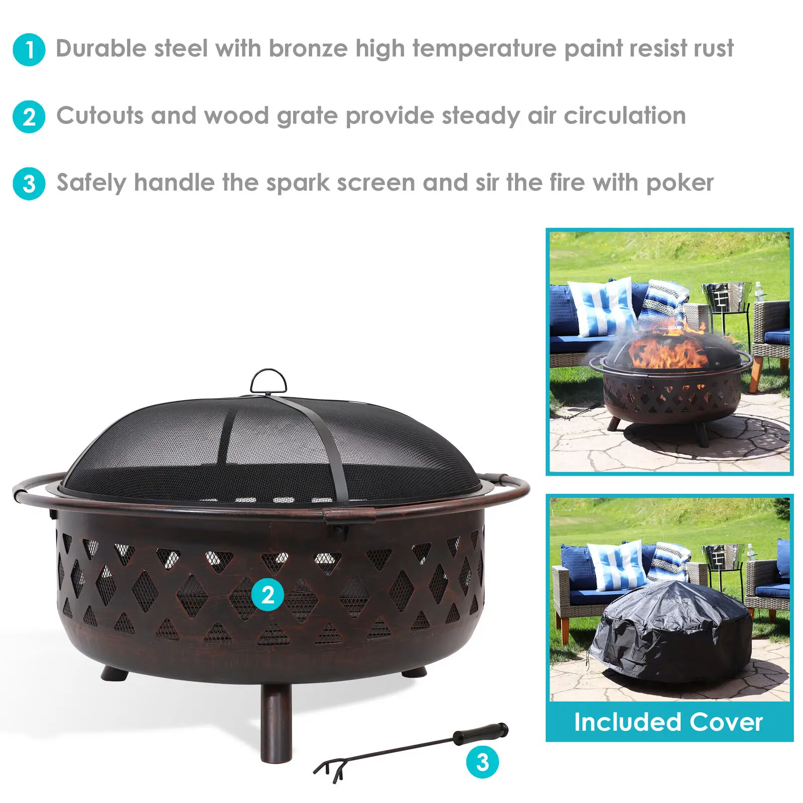 36 in Crossweave Steel Fire Pit with Screen and Poker by Sunnydaze