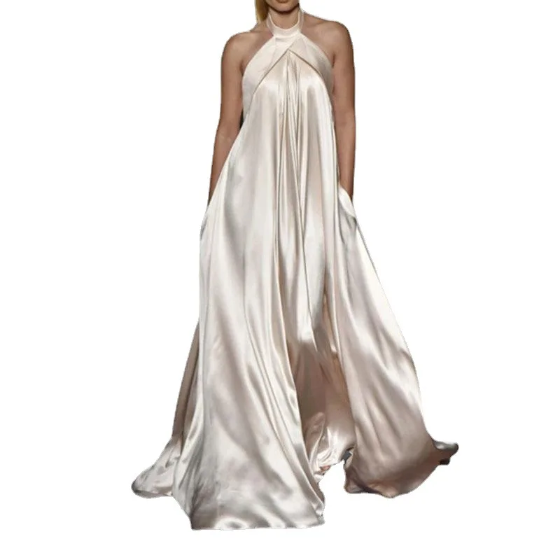 Women Dress Temperament Color Big Pendulum Sleeveless Hanging Neck Hollow Loose Fashion Solid Color Long Summer Banquet Dress