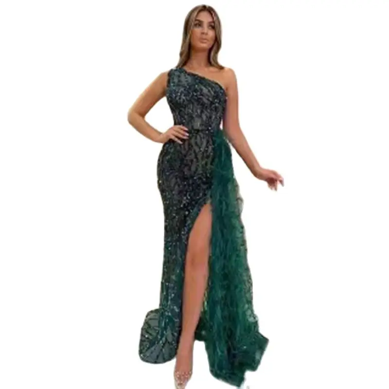 

2023 New Sequin Feather Split Long Dresses For Women Sexy Backless Sleeveless Empire Solid Fahion Slim Mesh Party Women's Dress