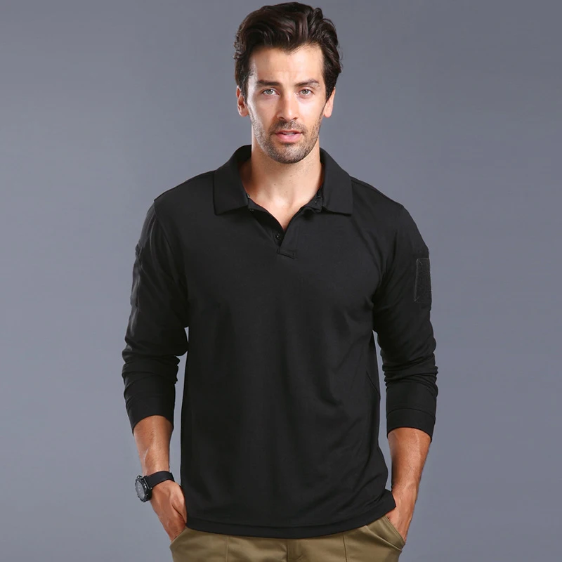 Men's Tactical Long Sleeve Polo Shirt Quick Dry Elastic Breathable T-Shirt for Hiking Camping Spring Pullover Outdoor Clothes