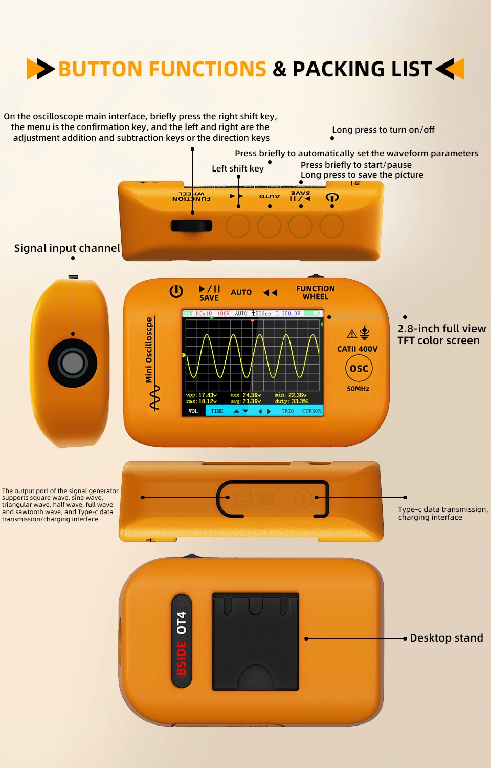 Mini Oscilloscope Portable OT2/OT4 Signal Generator Sampling Rate Electronics Re