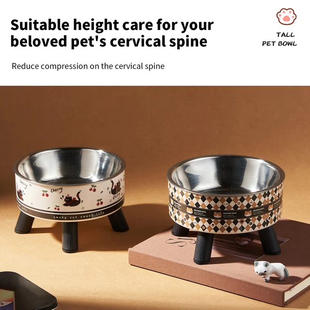A fashion printed stainless steel pet bowl for feeding and water, high-legged cat bowl with neck protection, cartoon feeding dog 4