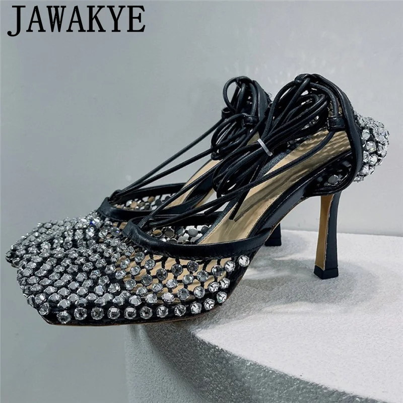 

Crystal Mesh Strapyy Sandals Women Shoes Square Toe Retro Pumps Women Sandalias Summer Shoes Sexy Genuine Leather Sandals Femme