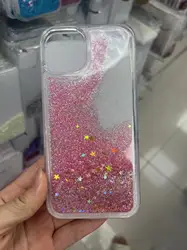 Sparkling Clear Glitter Quicksand Shockproof Phone Case with Bling Sequins - iPhone 15 Plus (Pink Stars)
